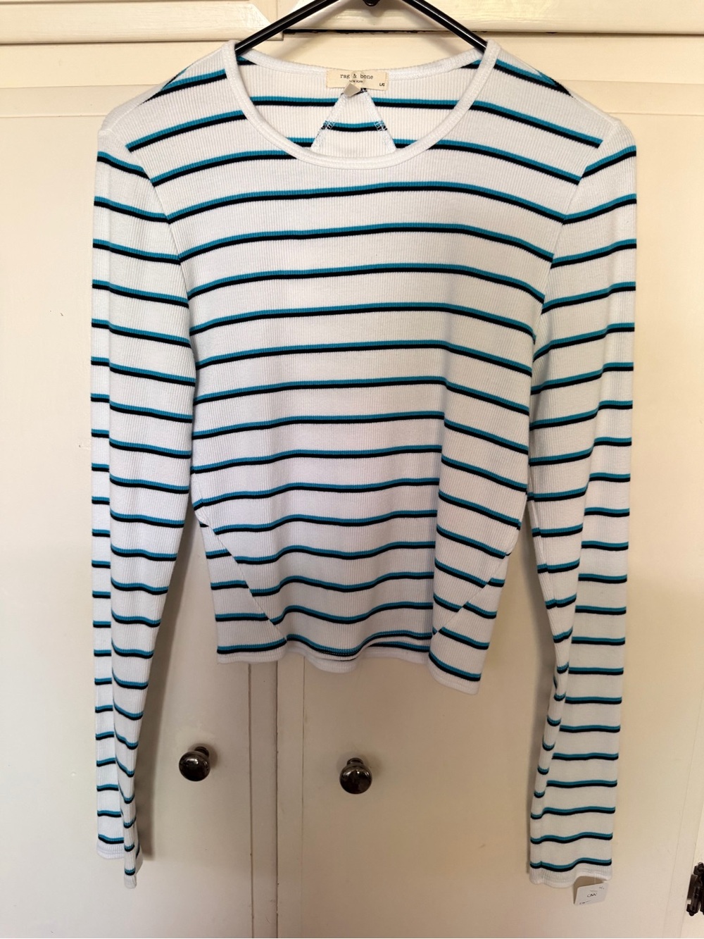 rag & bone White Long-Sleeve Ribbed Tee with Teal and Black Stripes